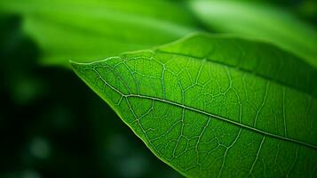 een dichtbij omhoog visie van een groen blad generatief ai foto