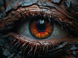 een dichtbij omhoog visie van een oog met rood en oranje ogen generatief ai foto