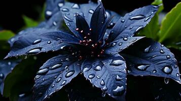 een donker blauw bloem met water druppels Aan het generatief ai foto