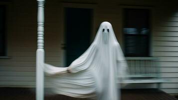 een spookachtig figuur in een wit jurk staand in voorkant van een huis generatief ai foto