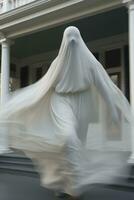 een spookachtig figuur in een wit jurk is wandelen naar beneden de straat generatief ai foto