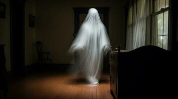 een spookachtig figuur is staand in de midden- van een kamer generatief ai foto
