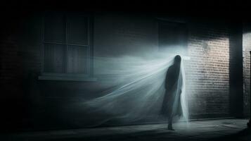 een spookachtig figuur is wandelen naar beneden de straat Bij nacht generatief ai foto