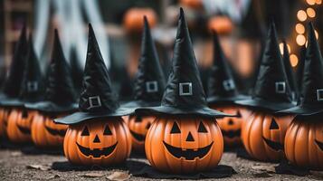 een groep van halloween pompoenen met heksen hoeden Aan hen generatief ai foto