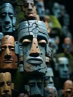 een groep van houten maskers met gezichten Aan hen generatief ai foto
