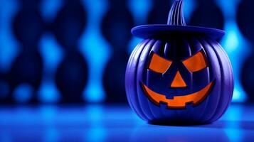 een halloween pompoen Aan een blauw achtergrond generatief ai foto