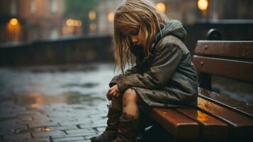 een weinig meisje zittend Aan een bank in de regen generatief ai foto