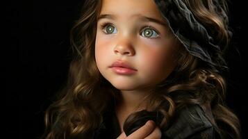een weinig meisje met groot blauw ogen generatief ai foto