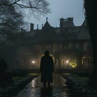 een Mens in een zwart jas staand in voorkant van een groot huis Bij nacht generatief ai foto