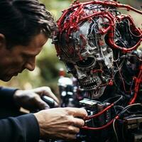 een Mens werken Aan een robot met draden gehecht naar het generatief ai foto
