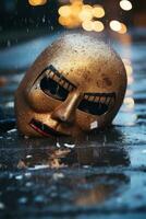 een masker houdende Aan de grond in de regen generatief ai foto