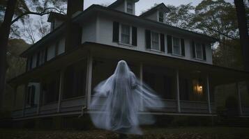 een persoon in een geest kostuum staand in voorkant van een huis generatief ai foto