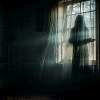 een persoon staand in voorkant van een venster in een donker kamer generatief ai foto