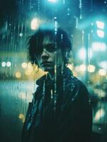 een persoon staand in voorkant van een venster met regen druppels Aan het generatief ai foto