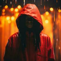 een persoon met dreadlocks vervelend een rood capuchon staand in de regen generatief ai foto