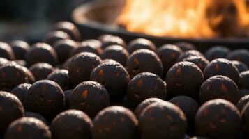 een stapel van chocola ballen in voorkant van een brand generatief ai foto