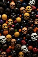 een stapel van kleurrijk halloween snoepjes met schedels Aan hen generatief ai foto