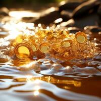 een stapel van goud munten in de water met de zon schijnend Aan hen generatief ai foto