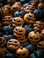 een stapel van halloween pompoenen met gezichten Aan hen generatief ai foto