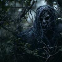 een eng Mens in de bossen met donker haar- en een eng gezicht generatief ai foto