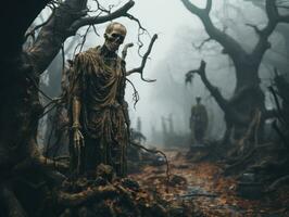 een skelet staand in de midden- van een mistig Woud generatief ai foto