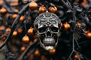 een schedel hangende van een boom met oranje ornamenten generatief ai foto