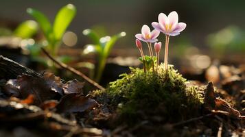 een klein roze bloem is groeit uit van de grond generatief ai foto