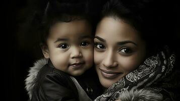 een vrouw en haar baby zijn poseren voor een foto generatief ai