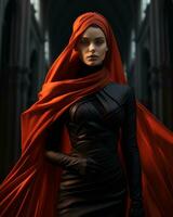 een vrouw in een zwart jurk en rood mantel generatief ai foto