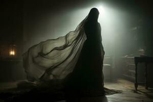 een vrouw in een zwart jurk staand in een donker kamer generatief ai foto