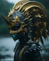 een vrouw in een goud en zwart masker staand in de water generatief ai foto