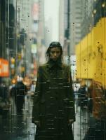 een vrouw in een groen jas staand in de midden- van een stad straat generatief ai foto