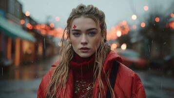 een vrouw in een rood jas staand in de regen generatief ai foto