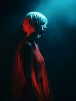 een vrouw in een rood jurk staand in voorkant van een blauw licht generatief ai foto