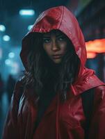 een vrouw in een rood regenjas staand in de regen generatief ai foto