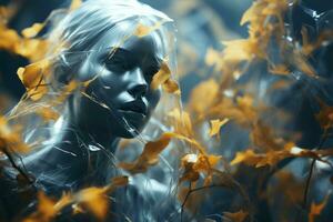 een vrouw is omringd door geel bladeren generatief ai foto