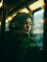 een vrouw zittend Aan een trein op zoek uit de venster generatief ai foto