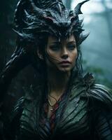 een vrouw met een draak hoofdtooi in de bossen generatief ai foto