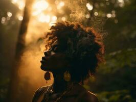 een vrouw met afro haar- in de bossen generatief ai foto