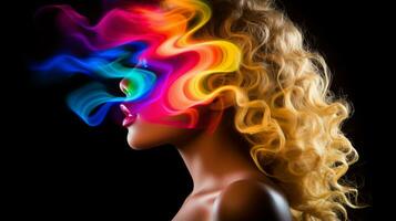 een vrouw met kleurrijk rook komt eraan uit van haar gezicht generatief ai foto