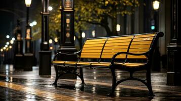 een geel bank zittend Aan een nat trottoir Bij nacht generatief ai foto