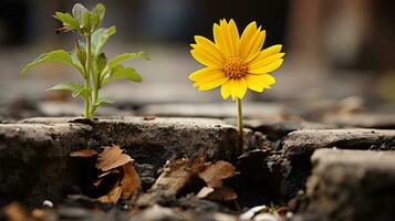 een geel bloem groeit uit van een barst in de grond generatief ai foto