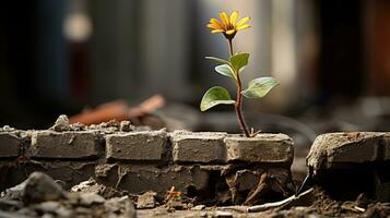 een geel bloem groeit uit van een barst in een steen muur generatief ai foto