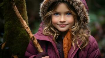 een jong meisje in een Purper jas Holding een stok generatief ai foto