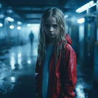 een jong meisje in een rood jasje staand in een donker gang generatief ai foto
