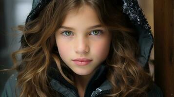 een jong meisje met groen ogen vervelend een jasje generatief ai foto