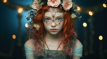 een jong meisje met rood haar- vervelend een bloem kroon generatief ai foto