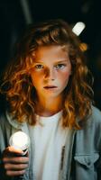 een jong meisje met rood haar- Holding een licht lamp generatief ai foto