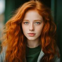 een jong vrouw met lang rood haar- en blauw ogen generatief ai foto