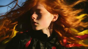 een jong vrouw met rood haar- in de wind generatief ai foto